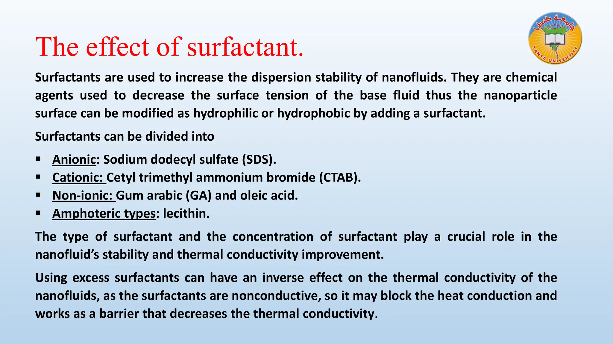 The effect of surfactant.
Surfactants are used to increase the dispersion stability of nanofluids. They are chemical
agents used to decrease the surface tension of the base fluid thus the nanoparticle
surface can be modified as hydrophilic or hydrophobic by adding a surfactant.
Surfactants can be divided into
▪ Anionic: Sodium dodecyl sulfate (SDS).
▪ Cationic: Cetyl trimethyl ammonium bromide (CTAB).
▪ Non-ionic: Gum arabic (GA) and oleic acid.
▪ Amphoteric types: lecithin.
The type of surfactant and the concentration of surfactant play a crucial role in the
nanofluid’s stability and thermal conductivity improvement.
Using excess surfactants can have an inverse effect on the thermal conductivity of the
nanofluids, as the surfactants are nonconductive, so it may block the heat conduction and
works as a barrier that decreases the thermal conductivity.
 