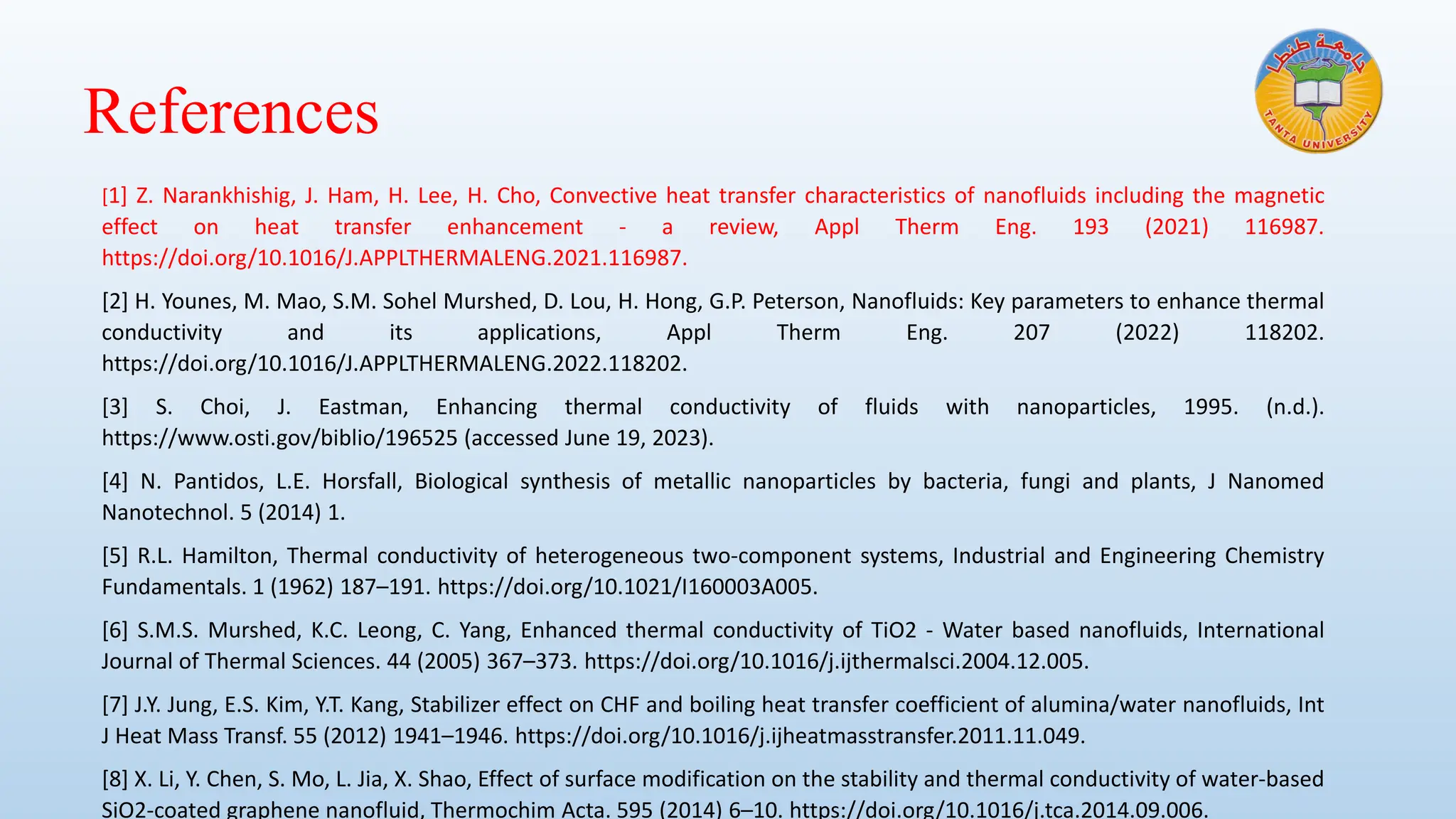 References
[1] Z. Narankhishig, J. Ham, H. Lee, H. Cho, Convective heat transfer characteristics of nanofluids including the magnetic
effect on heat transfer enhancement - a review, Appl Therm Eng. 193 (2021) 116987.
https://doi.org/10.1016/J.APPLTHERMALENG.2021.116987.
[2] H. Younes, M. Mao, S.M. Sohel Murshed, D. Lou, H. Hong, G.P. Peterson, Nanofluids: Key parameters to enhance thermal
conductivity and its applications, Appl Therm Eng. 207 (2022) 118202.
https://doi.org/10.1016/J.APPLTHERMALENG.2022.118202.
[3] S. Choi, J. Eastman, Enhancing thermal conductivity of fluids with nanoparticles, 1995. (n.d.).
https://www.osti.gov/biblio/196525 (accessed June 19, 2023).
[4] N. Pantidos, L.E. Horsfall, Biological synthesis of metallic nanoparticles by bacteria, fungi and plants, J Nanomed
Nanotechnol. 5 (2014) 1.
[5] R.L. Hamilton, Thermal conductivity of heterogeneous two-component systems, Industrial and Engineering Chemistry
Fundamentals. 1 (1962) 187–191. https://doi.org/10.1021/I160003A005.
[6] S.M.S. Murshed, K.C. Leong, C. Yang, Enhanced thermal conductivity of TiO2 - Water based nanofluids, International
Journal of Thermal Sciences. 44 (2005) 367–373. https://doi.org/10.1016/j.ijthermalsci.2004.12.005.
[7] J.Y. Jung, E.S. Kim, Y.T. Kang, Stabilizer effect on CHF and boiling heat transfer coefficient of alumina/water nanofluids, Int
J Heat Mass Transf. 55 (2012) 1941–1946. https://doi.org/10.1016/j.ijheatmasstransfer.2011.11.049.
[8] X. Li, Y. Chen, S. Mo, L. Jia, X. Shao, Effect of surface modification on the stability and thermal conductivity of water-based
SiO2-coated graphene nanofluid, Thermochim Acta. 595 (2014) 6–10. https://doi.org/10.1016/j.tca.2014.09.006.
 