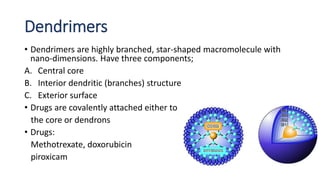 Dendrimers
• Dendrimers are highly branched, star-shaped macromolecule with
nano-dimensions. Have three components;
A. Central core
B. Interior dendritic (branches) structure
C. Exterior surface
• Drugs are covalently attached either to
the core or dendrons
• Drugs:
Methotrexate, doxorubicin
piroxicam
 