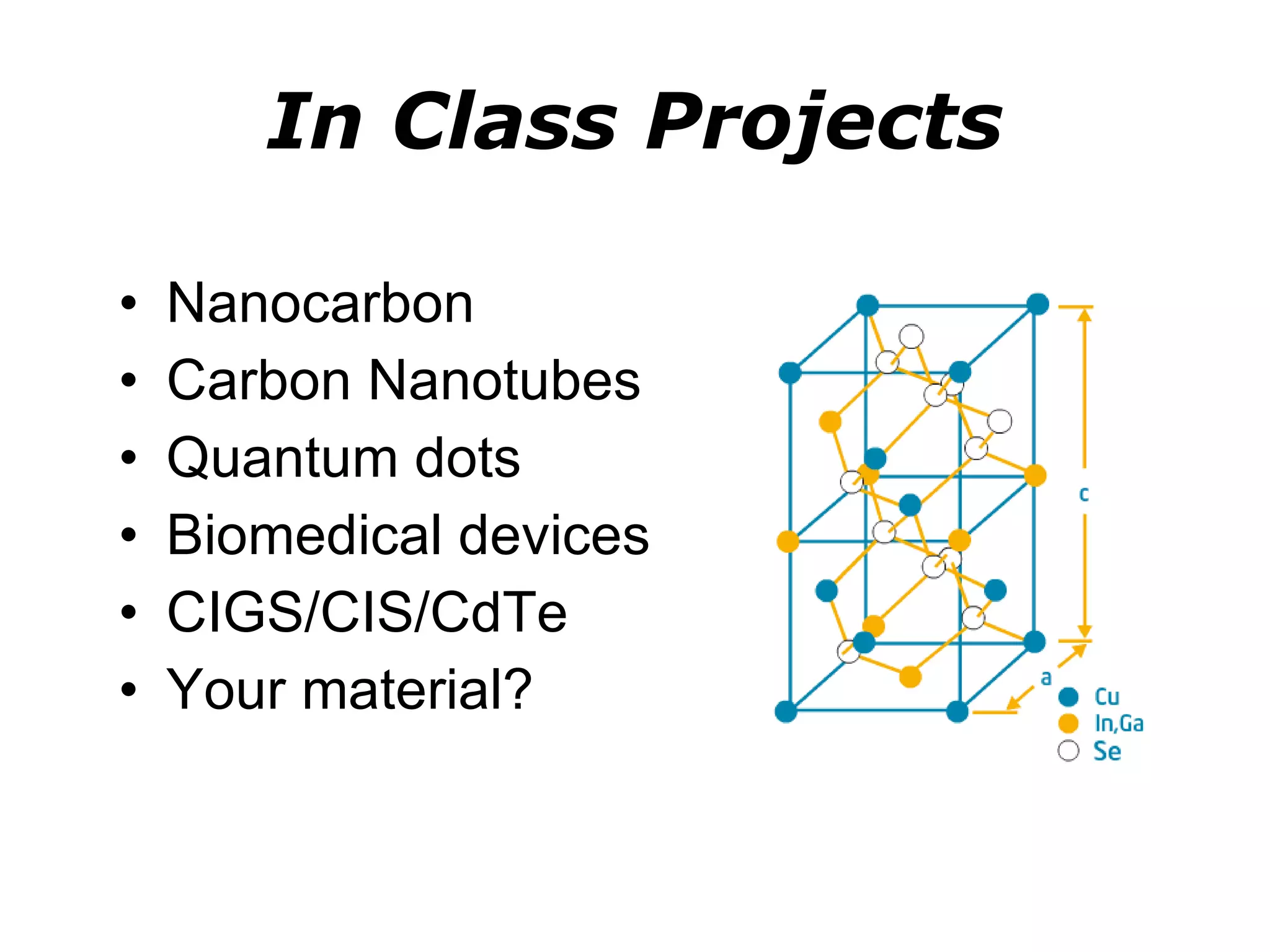 In Class Projects Nanocarbon Carbon Nanotubes Quantum dots Biomedical devices CIGS/CIS/CdTe Your material? 