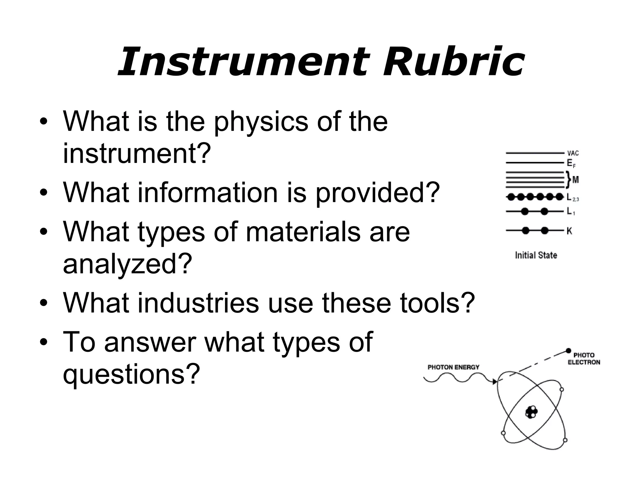 Instrument Rubric What is the physics of the instrument? What information is provided? What types of materials are analyzed? What industries use these tools? To answer what types of questions? 