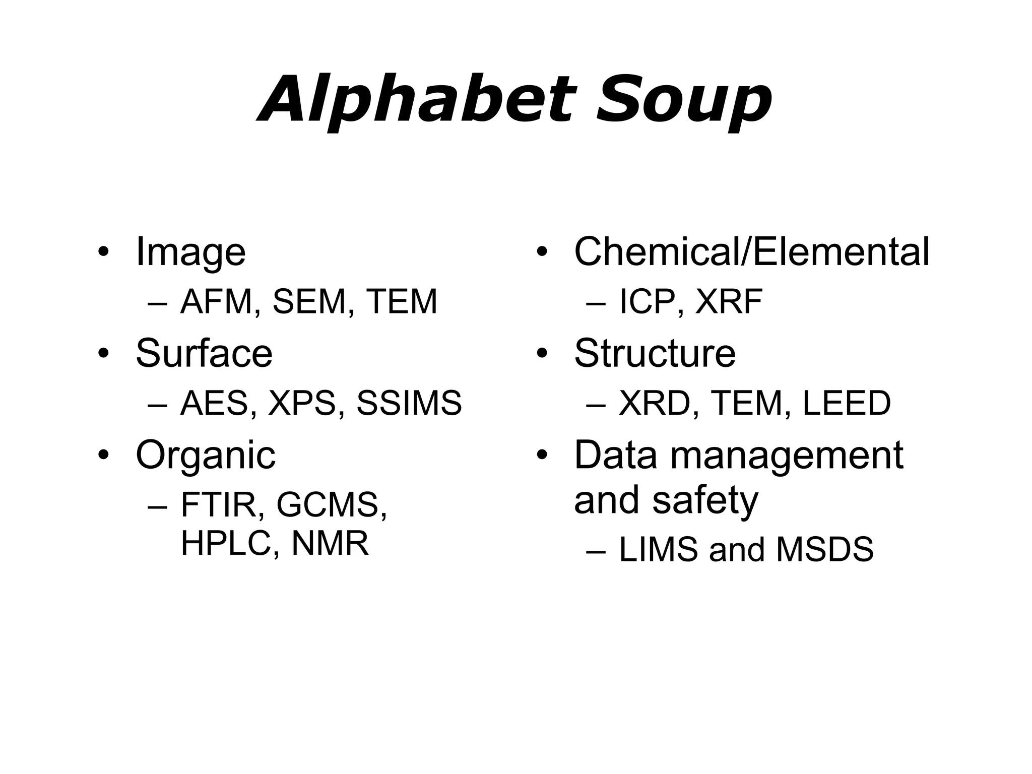 Alphabet Soup Image AFM, SEM, TEM Surface AES, XPS, SSIMS Organic FTIR, GCMS, HPLC, NMR Chemical/Elemental ICP, XRF Structure XRD, TEM, LEED Data management and safety LIMS and MSDS 