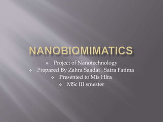  Project of Nanotechnology
 Prepared By Zahra Saadat , Saira Fatima
 Presented to Mis Hira
 MSc III smester
 