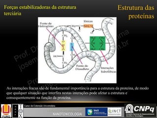Estrutura das
proteínas
Forças estabilizadoras da estrutura
terciária
Iônicas
Interações
hidrofóbicas
As interações fracas são de fundamental importância para a estrutura da proteína, de modo
que qualquer situação que interfira nestas interações pode afetar a estrutura e
consequentemente na função da proteína.
 