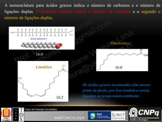 A nomenclatura para ácidos graxos indica o número de carbonos e o número de
ligações duplas. O primeiro número indicia o número de carbonos e o segundo o
número de ligações duplas.
Palmitoléico
Linoléico
16:0
Os ácidos graxos insaturados têm menor
ponto de fusão, por isso tendem a serem
líquidos na temperatura ambiente.18:2
16:0
 