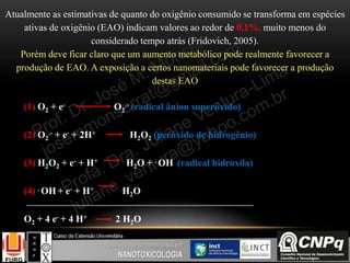 Atualmente as estimativas de quanto do oxigênio consumido se transforma em espécies
ativas de oxigênio (EAO) indicam valores ao redor de 0,1%, muito menos do
considerado tempo atrás (Fridovich, 2005).
Porém deve ficar claro que um aumento metabólico pode realmente favorecer a
produção de EAO. A exposição a certos nanomateriais pode favorecer a produção
destas EAO
(1) O2 + e- O2
.- (radical ânion superóxido)
(2) O2
.- + e- + 2H+ H2O2 (peróxido de hidrogênio)
(3) H2O2 + e- + H+ H2O + . OH (radical hidroxila)
(4) . OH + e- + H+ H2O
O2 + 4 e- + 4 H+ 2 H2O
 