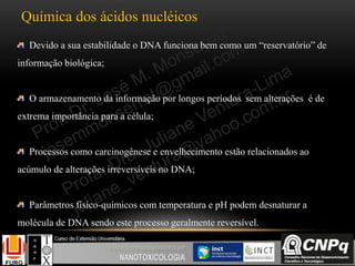 Química dos ácidos nucléicos
Devido a sua estabilidade o DNA funciona bem como um “reservatório” de
informação biológica;
O armazenamento da informação por longos períodos sem alterações é de
extrema importância para a célula;
Processos como carcinogênese e envelhecimento estão relacionados ao
acúmulo de alterações irreversíveis no DNA;
Parâmetros físico-químicos com temperatura e pH podem desnaturar a
molécula de DNA sendo este processo geralmente reversível.
 