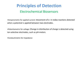 Principles of Detection
Electrochemical Biosensors
•Amperometric for applied current: Movement of e- in redox reactions detected
when a potential is applied between two electrodes.
•Potentiometric for voltage: Change in distribution of charge is detected using
ion-selective electrodes, such as pH-meters.
•Conductimetric for impedance
 