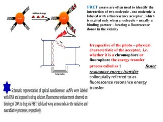 FRET assays are often used to identify the
interaction of two molecule . one molecule is
labeled with a fluorescence acceptor , which
is excited only when a molecule – usually a
binding partner – bearing a fluorescence
donor in the vicinity
Irrespective of the photo – physical
characteristic of the acceptor, i.e.
whether it is a chromophore or
fluorophore the energy transfer
process called as : foster
resonance energy transfer
colloquially referred to as
fluorescence resonance energy
transfer
 