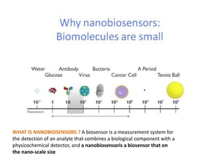 WHAT IS NANOBIOSENSORS ? A biosensor is a measurement system for
the detection of an analyte that combines a biological component with a
physicochemical detector, and a nanobiosensoris a biosensor that on
the nano-scale size
 
