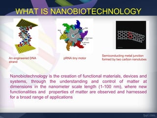 WHAT IS NANOBIOTECHNOLOGY




                                               Semiconducting metal junction
An engineered DNA          pRNA tiny motor     formed by two carbon nanotubes
strand



Nanobiotechnology is the creation of functional materials, devices and
systems, through the understanding and control of matter at
dimensions in the nanometer scale length (1-100 nm), where new
functionalities and properties of matter are observed and harnessed
for a broad range of applications
 