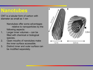 Nanotubes
CNT is a tubular form of carbon with
diameter as small as 1 nm

1.
2.
3.

Nanotubes offer some advantages
relative to nanoparticles by the
following aspects:
Larger inner volumes – can be
filled with chemical or biological
species.
Open mouths of nanotubes make
the inner surface accessible.
Distinct inner and outer surface can
be modified separately.

 