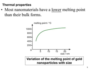 8
• Most nanomaterials have a lower melting point
than their bulk forms.
Variation of the melting point of gold
nanoparticles with size
Thermal properties
 