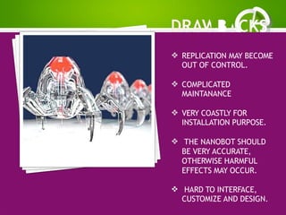  REPLICATION MAY BECOME
OUT OF CONTROL.
 COMPLICATED
MAINTANANCE
 VERY COASTLY FOR
INSTALLATION PURPOSE.
 THE NANOBOT SHOULD
BE VERY ACCURATE,
OTHERWISE HARMFUL
EFFECTS MAY OCCUR.
 HARD TO INTERFACE,
CUSTOMIZE AND DESIGN.
 