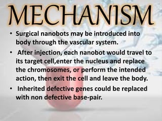 • Surgical nanobots may be introduced into
body through the vascular system.
• After injection, each nanobot would travel to
its target cell,enter the nucleus and replace
the chromosomes, or perform the intended
action, then exit the cell and leave the body.
• Inherited defective genes could be replaced
with non defective base-pair.
 