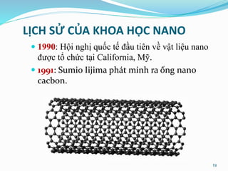 LỊCH SỬ CỦA KHOA HỌC NANO
 1990: Hội nghị quốc tế đầu tiên về vật liệu nano
được tổ chức tại California, Mỹ.
 1991: Sumio Iijima phát minh ra ống nano
cacbon.
19
 