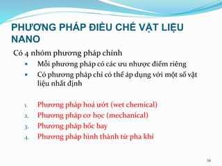 PHƯƠNG PHÁP ĐIỀU CHẾ VẬT LIỆU
NANO
Có 4 nhóm phương pháp chính
 Mỗi phương pháp có các ưu nhược điểm riêng
 Có phương pháp chỉ có thể áp dụng với một số vật
liệu nhất định
1. Phương pháp hoá ướt (wet chemical)
2. Phương pháp cơ học (mechanical)
3. Phương pháp bốc bay
4. Phương pháp hình thành từ pha khí
34
 