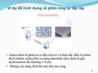 Ví dụ để hình dung về phản ứng tự lắp ráp
 Ankan thiol là phân tử có đầu tròn to và đuôi dài. Đầu là nhóm
thiol (nhóm sulfua hữu cơ dạng như hình cầu), đuôi là gốc
hydrocacbon dài khoảng 1-4 nm.
 Nhúng vào dung dịch đó một tấm mạ vàng.
64
 