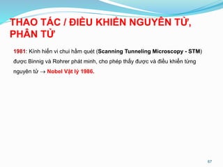 67
THAO TÁC / ĐIỀU KHIỂN NGUYÊN TỬ,
PHÂN TỬ
1981: Kính hiển vi chui hầm quét (Scanning Tunneling Microscopy - STM)
được Binnig và Rohrer phát minh, cho phép thấy được và điều khiển từng
nguyên tử  Nobel Vật lý 1986.
 