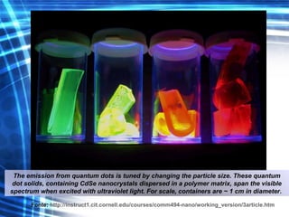 The emission from quantum dots is tuned by changing the particle size. These quantum
dot solids, containing CdSe nanocrystals dispersed in a polymer matrix, span the visible
spectrum when excited with ultraviolet light. For scale, containers are ~ 1 cm in diameter.
Fonte: http://instruct1.cit.cornell.edu/courses/comm494-nano/working_version/3article.htm
 