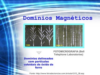 Domínios Magnéticos
Domínios delineados
com partículas
coloidais de óxido de
ferro
FOTOMICROGRAFIA (Bell
Telephone Laboratories)
Fonte: http://www.feiradeciencias.com.br/sala13/13_38.asp
 