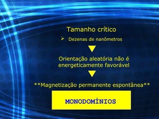 Tamanho crítico
 Dezenas de nanômetros
Orientação aleatória não é
energeticamente favorável
**Magnetização permanente espontânea**
MONODOMÍNIOS
 