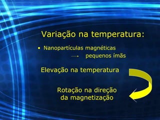 Variação na temperatura:
• Nanopartículas magnéticas
pequenos ímãs
Elevação na temperatura
Rotação na direção
da magnetização
 