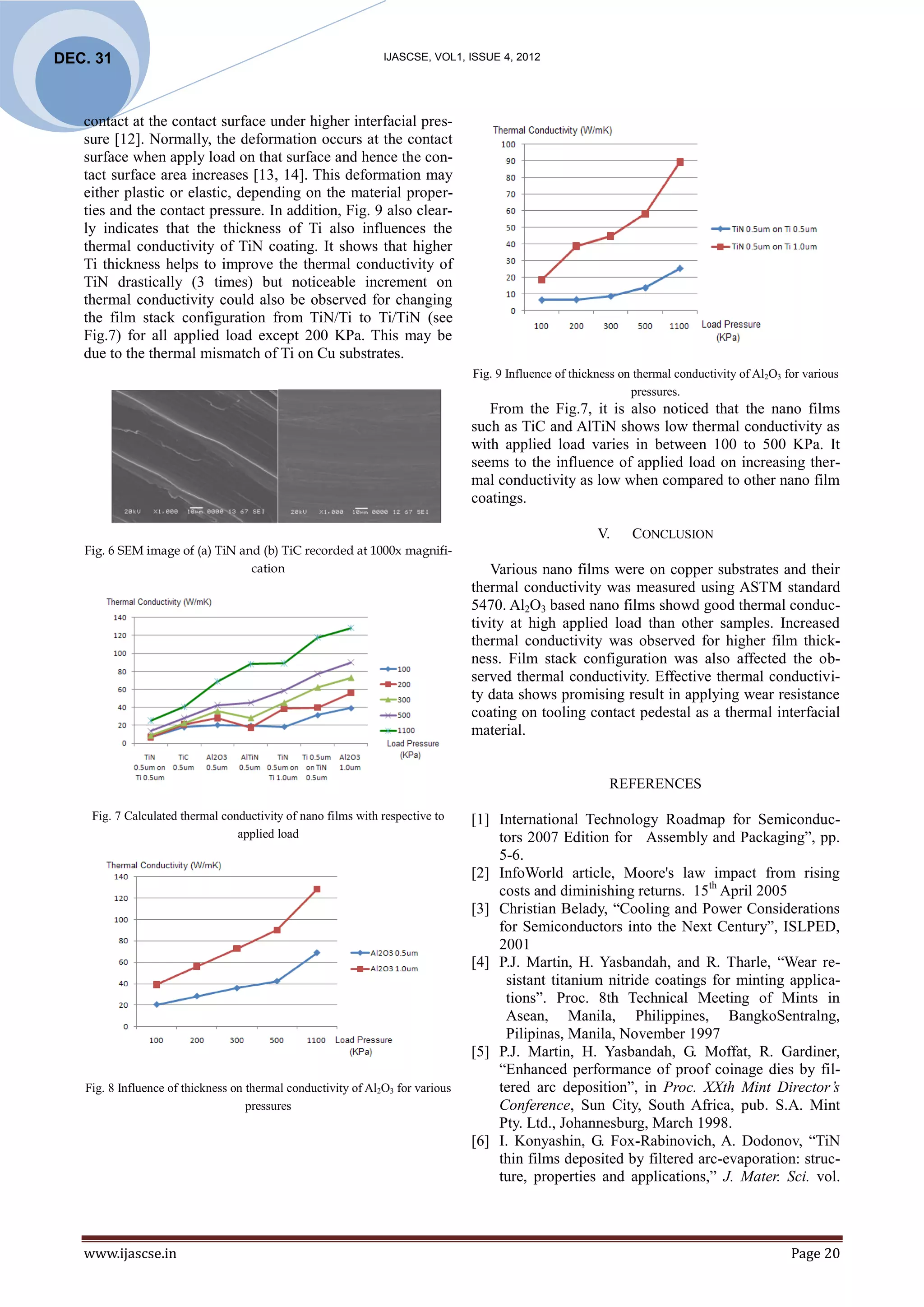 DEC. 31                                                        IJASCSE, VOL1, ISSUE 4, 2012




   contact at the contact surface under higher interfacial pres-
   sure [12]. Normally, the deformation occurs at the contact
   surface when apply load on that surface and hence the con-
   tact surface area increases [13, 14]. This deformation may
   either plastic or elastic, depending on the material proper-
   ties and the contact pressure. In addition, Fig. 9 also clear-
   ly indicates that the thickness of Ti also influences the
   thermal conductivity of TiN coating. It shows that higher
   Ti thickness helps to improve the thermal conductivity of
   TiN drastically (3 times) but noticeable increment on
   thermal conductivity could also be observed for changing
   the film stack configuration from TiN/Ti to Ti/TiN (see
   Fig.7) for all applied load except 200 KPa. This may be
   due to the thermal mismatch of Ti on Cu substrates.
                                                                                Fig. 9 Influence of thickness on thermal conductivity of Al2O3 for various
                                                                                                                pressures.
                                                                                   From the Fig.7, it is also noticed that the nano films
                                                                                such as TiC and AlTiN shows low thermal conductivity as
                                                                                with applied load varies in between 100 to 500 KPa. It
                                                                                seems to the influence of applied load on increasing ther-
                                                                                mal conductivity as low when compared to other nano film
                                                                                coatings.

                                                                                                         V.     CONCLUSION
   Fig. 6 SEM image of (a) TiN and (b) TiC recorded at 1000x magnifi-
                                 cation                                             Various nano films were on copper substrates and their
                                                                                thermal conductivity was measured using ASTM standard
                                                                                5470. Al2O3 based nano films showd good thermal conduc-
                                                                                tivity at high applied load than other samples. Increased
                                                                                thermal conductivity was observed for higher film thick-
                                                                                ness. Film stack configuration was also affected the ob-
                                                                                served thermal conductivity. Effective thermal conductivi-
                                                                                ty data shows promising result in applying wear resistance
                                                                                coating on tooling contact pedestal as a thermal interfacial
                                                                                material.


                                                                                                           REFERENCES

    Fig. 7 Calculated thermal conductivity of nano films with respective to     [1] International Technology Roadmap for Semiconduc-
                                 applied load                                       tors 2007 Edition for Assembly and Packaging”, pp.
                                                                                    5-6.
                                                                                [2] InfoWorld article, Moore's law impact from rising
                                                                                    costs and diminishing returns. 15th April 2005
                                                                                [3] Christian Belady, “Cooling and Power Considerations
                                                                                    for Semiconductors into the Next Century”, ISLPED,
                                                                                    2001
                                                                                [4] P.J. Martin, H. Yasbandah, and R. Tharle, “Wear re-
                                                                                     sistant titanium nitride coatings for minting applica-
                                                                                     tions”. Proc. 8th Technical Meeting of Mints in
                                                                                     Asean, Manila, Philippines, BangkoSentralng,
                                                                                     Pilipinas, Manila, November 1997
                                                                                [5] P.J. Martin, H. Yasbandah, G. Moffat, R. Gardiner,
                                                                                    “Enhanced performance of proof coinage dies by fil-
   Fig. 8 Influence of thickness on thermal conductivity of Al2O3 for various       tered arc deposition”, in Proc. XXth Mint Director’s
                                    pressures                                       Conference, Sun City, South Africa, pub. S.A. Mint
                                                                                    Pty. Ltd., Johannesburg, March 1998.
                                                                                [6] I. Konyashin, G. Fox-Rabinovich, A. Dodonov, “TiN
                                                                                    thin films deposited by filtered arc-evaporation: struc-
                                                                                    ture, properties and applications,” J. Mater. Sci. vol.



   www.ijascse.in                                                                                                                               Page 20
 