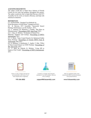ACKNOWLEDGEMENTS
The author would like to thank Steve Johnson of Florida
Cirtech for his work and guidance throughout this project.
The author would also like to thank Bob Dervaes with FCT
Assembly for his work on transfer efficiency and help with
statistical evaluations.
REFERENCES
[1] ASTM D2486, “Standard Test Methods for
Scrub Resistance of Wall Paints”, Reapproved 2012.
[2] R. Dervaes, FCT Assembly, “Successful Stencil
Printing: Performance is on the Surface”, 2013.
[3] C. Ashmore, M. Whitmore, J. Schake, “Big Ideas on
Miniaturization”, Proceedings of IPC Apex Expo, 2013.
[4] C. Shea, R. Whittier, “Evaluation of Stencil Foil
Materials, Suppliers and Coating”, Proceedings of SMTA
International, 2011.
[5] E. Moen, “Nano Coated Stencils for Optimized Solder
Paste Printing”, Proceedings of Toronto SMTA Expo &
Tech Forum, May 2012.
[6] R. Mohanty, S. Ramkumar, C. Anglin, T. Oda, “Effect
of Nano-Coated Stencil on 01005 Printing”, Proceedings of
IPC Apex Expo, 2012.
[7] C. Shea, M. Zubrick, R. Whittier, “Using SPI to
Improve Print Yields”, Proceedings of SMTA International,
2011.
837
 