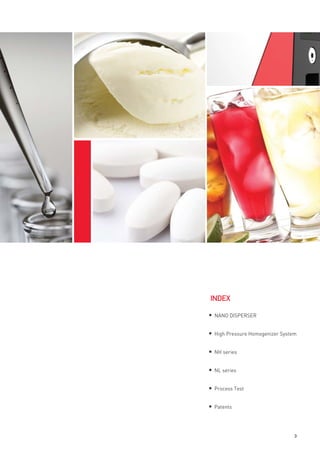 3
● NANO DISPERSER
● High Pressure Homogenizer System
● NH series
● NL series
● Process Test
● Patents
INDEX
 