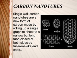 CARBON NANOTUBES Single-wall carbon nanotubes are a new form of carbon made by rolling up a single graphite sheet to a narrow but long tube closed at both sides by fullerene-like end caps..  