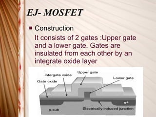 EJ- MOSFET Construction It consists of 2 gates :Upper gate and a lower gate. Gates are insulated from each other by an integrate oxide layer 