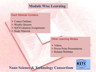 Nano Science & Technology Consortium
Module Wise Learning
Each Module Contains
 Course Outlines
 Weekly Quizzes
 Self Evaluation Assignments
 Study Material
Other Learning Modes
 Videos
 Power Point Presentations
 Related Weblinks
 
