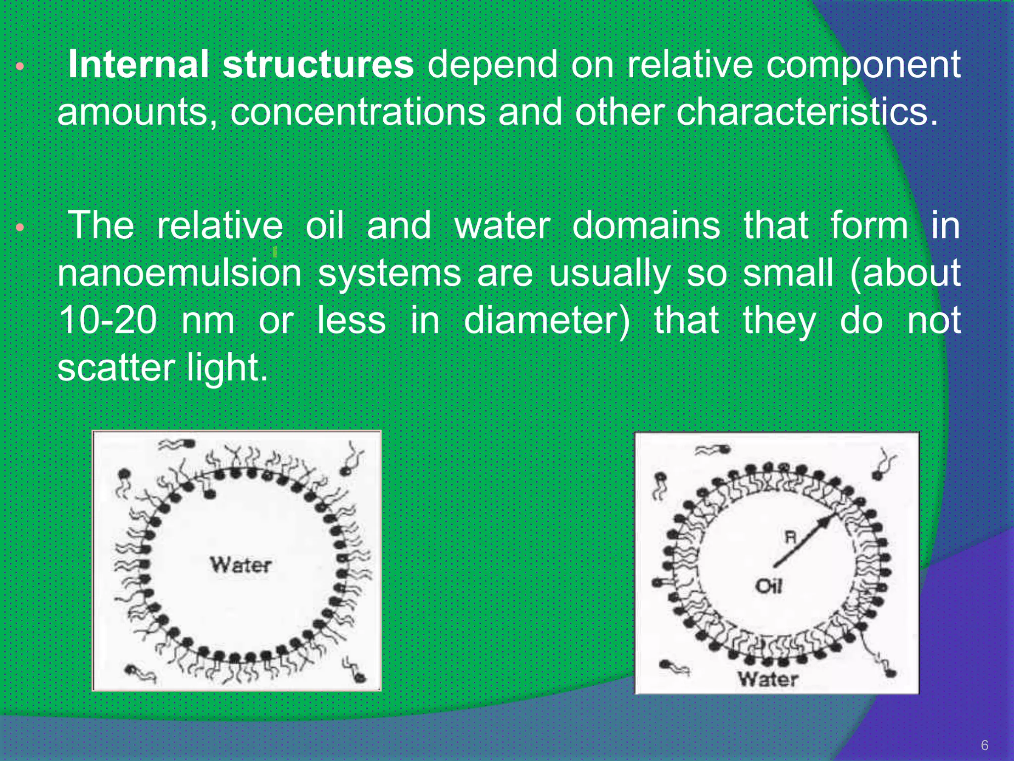 •    Internal structures depend on relative component
    amounts, concentrations and other characteristics.

•    The relative oil and water domains that form in
    nanoemulsion systems are usually so small (about
    10-20 nm or less in diameter) that they do not
    scatter light.




                                                         6
 