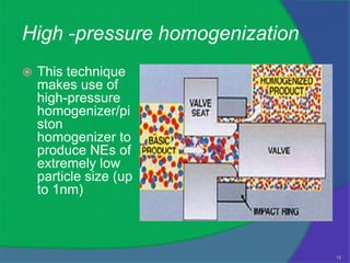 High -pressure homogenization
   This technique
    makes use of
    high-pressure
    homogenizer/pi
    ston
    homogenizer to
    produce NEs of
    extremely low
    particle size (up
    to 1nm)



                                16
 