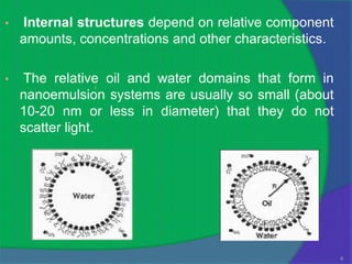 •    Internal structures depend on relative component
    amounts, concentrations and other characteristics.

•    The relative oil and water domains that form in
    nanoemulsion systems are usually so small (about
    10-20 nm or less in diameter) that they do not
    scatter light.




                                                         6
 
