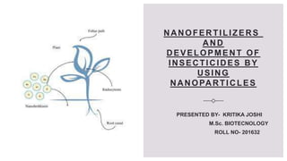 NANOFERTILIZERS
AND
DEVELOPMENT OF
INSECTICIDES BY
USING
NANOPARTICLES
PRESENTED BY- KRITIKA JOSHI
M.Sc. BIOTECNOLOGY
ROLL NO- 201632
 