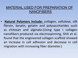 MATERIAL USED FOR PREPARATION OF
NANOFIBERS
• Natural Polymers include- collagen, cellulose, silk
fibroin, keratin, gelatin and polysaccharides such
as chitosan and alginate.(Using type I collagen
nanofibers produced via electrospinning, Shih et al.
found that the engineered collagen scaffold showed
an increase in cell adhesion and decrease in cell
migration with increasing fiber diameter.)
 