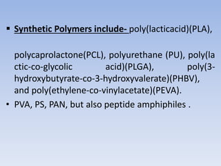  Synthetic Polymers include- poly(lacticacid)(PLA),
polycaprolactone(PCL), polyurethane (PU), poly(la
ctic-co-glycolic acid)(PLGA), poly(3-
hydroxybutyrate-co-3-hydroxyvalerate)(PHBV),
and poly(ethylene-co-vinylacetate)(PEVA).
• PVA, PS, PAN, but also peptide amphiphiles .
 