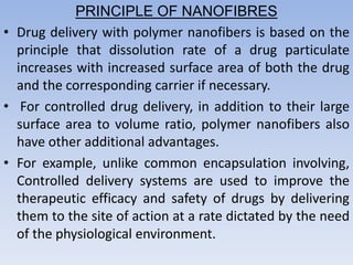 PRINCIPLE OF NANOFIBRES
• Drug delivery with polymer nanofibers is based on the
principle that dissolution rate of a drug particulate
increases with increased surface area of both the drug
and the corresponding carrier if necessary.
• For controlled drug delivery, in addition to their large
surface area to volume ratio, polymer nanofibers also
have other additional advantages.
• For example, unlike common encapsulation involving,
Controlled delivery systems are used to improve the
therapeutic efficacy and safety of drugs by delivering
them to the site of action at a rate dictated by the need
of the physiological environment.
 