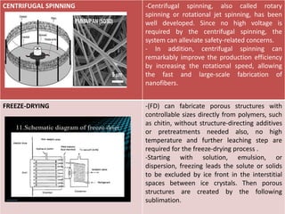 CENTRIFUGAL SPINNING -Centrifugal spinning, also called rotary
spinning or rotational jet spinning, has been
well developed. Since no high voltage is
required by the centrifugal spinning, the
system can alleviate safety-related concerns.
- In addition, centrifugal spinning can
remarkably improve the production efficiency
by increasing the rotational speed, allowing
the fast and large-scale fabrication of
nanofibers.
FREEZE-DRYING -(FD) can fabricate porous structures with
controllable sizes directly from polymers, such
as chitin, without structure-directing additives
or pretreatments needed also, no high
temperature and further leaching step are
required for the freeze-drying process .
-Starting with solution, emulsion, or
dispersion, freezing leads the solute or solids
to be excluded by ice front in the interstitial
spaces between ice crystals. Then porous
structures are created by the following
sublimation.
 