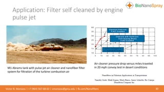 Application: Filter self cleaned by engine
pulse jet
30Victor N. Morozov | +7 (964) 567-68-63 | vmorozov@gmu.edu | fb.com/Nanofilters
Air cleaner pressure drop versus miles traveled
in 20 mph convoy test in desert conditionsM1 Abrams tank with pulse-jet air cleaner and nanofiber filter
system for filtration of the turbine combustion air
 