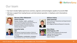 Our team
31
• Our team includes highly experiences scientists, engineers and technologists capable of successful R&D
• We have a support from leading Russian and international specialists in biophysics and in biomedicine
techniques.
Morozov Viktor Nikolaevich
Science Director
Doctor of phys. math., professor
Head of Department Laboratory of Nanotechnologies and
Nanostructures at ITEB RAS. Pushchino, Russia.
Res. Assistant Professor of the National Center for
Biodefense and Infectious Diseases, George Mason
University, Manassas, Virginia.
Mikheev Andrey
Chief researcher
PhD Institute of Theoretical and Experimental
Biophysics RAS,
M.S. Belgorod National Research University
Avseenko Vasily
CEO
MBA Russian Presidential Academy of National
Economy and Public Administration, Moscow State
University
Ex. PHARMIMEX, PHARMABIO, RUSNANO
Commercialization and sales / Finance and investment
Sizov Alexey
Chief Engineer, CTO
Moscow State Academy of Instrument
Engineering and Informatics
UPS RAS, LLC "Alditek“
Engineer, Production
Victor N. Morozov | +7 (964) 567-68-63 | vmorozov@gmu.edu | fb.com/Nanofilters
 