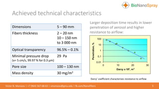 Achieved technical characteristics
5
Dimensions 5 – 90 mm
Fibers thickness 2 – 20 nm
10 – 150 nm
to 3 000 nm
Optical transparency 96.5% – 0.1%
Minimal pressure drop
(v= 5 cm/s, 99.97 % for 0.3 µm)
29 Pa
Pore size 100 – 130 nm
Mass density 30 mg/m2
Victor N. Morozov | +7 (964) 567-68-63 | vmorozov@gmu.edu | fb.com/Nanofilters
0,01
0,1
1
10
100
0 10 20 30
Penetration,%
Darcy x 102
, m-1
Larger deposition time results in lower
penetration of aerosol and higher
resistance to airflow:
Darcy’ coefficient characterizes resistance to airflow
 