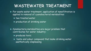 WASTEWATER TREATMENT 
 For waste water treatment, application of nanofiltration is 
applied in removal of cyanobacterial metabolites: 
 two treated water 
 production of drinking water 
 Cynobacteria metabolites are major problem that 
contributes for water industry: 
 produces toxic 
 taste and odour compound that make drinking water 
aesthetically displeasing 
 