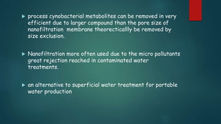  process cynobacterial metabolites can be removed in very 
efficient due to larger compound than the pore size of 
nanofiltration membrane theorecticallly be removed by 
size exclusion. 
 Nanofiltration more often used due to the micro pollutants 
great rejection reached in contaminated water 
treatments. 
 an alternative to superficial water treatment for portable 
water production 
 