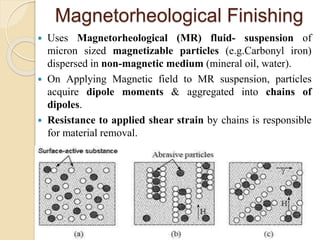 Magnetorheological Finishing
 Uses Magnetorheological (MR) fluid- suspension of
micron sized magnetizable particles (e.g.Carbonyl iron)
dispersed in non-magnetic medium (mineral oil, water).
 On Applying Magnetic field to MR suspension, particles
acquire dipole moments & aggregated into chains of
dipoles.
 Resistance to applied shear strain by chains is responsible
for material removal.
 