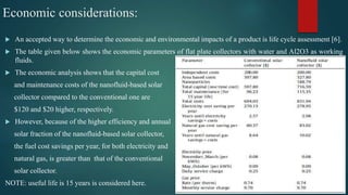 Economic considerations:
 An accepted way to determine the economic and environmental impacts of a product is life cycle assessment [6].
 The table given below shows the economic parameters of flat plate collectors with water and Al2O3 as working
fluids.
 The economic analysis shows that the capital cost
and maintenance costs of the nanofluid-based solar
collector compared to the conventional one are
$120 and $20 higher, respectively.
 However, because of the higher efficiency and annual
solar fraction of the nanofluid-based solar collector,
the fuel cost savings per year, for both electricity and
natural gas, is greater than that of the conventional
solar collector.
NOTE: useful life is 15 years is considered here.
 