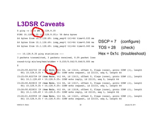 L3DSR Caveats
$ ping -c 3 -z 28 10.128.9.35   !
PING 10.128.9.35 (10.128.9.35): 56 data bytes!
64 bytes from 10.1.128.49: ...
