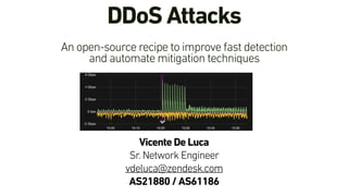 DDoS Attacks
 
An open-source recipe to improve fast detection
and automate mitigation techniques
 
Vicente De Luca
Sr.Network Engineer 
vdeluca@zendesk.com
AS21880 / AS61186 
 